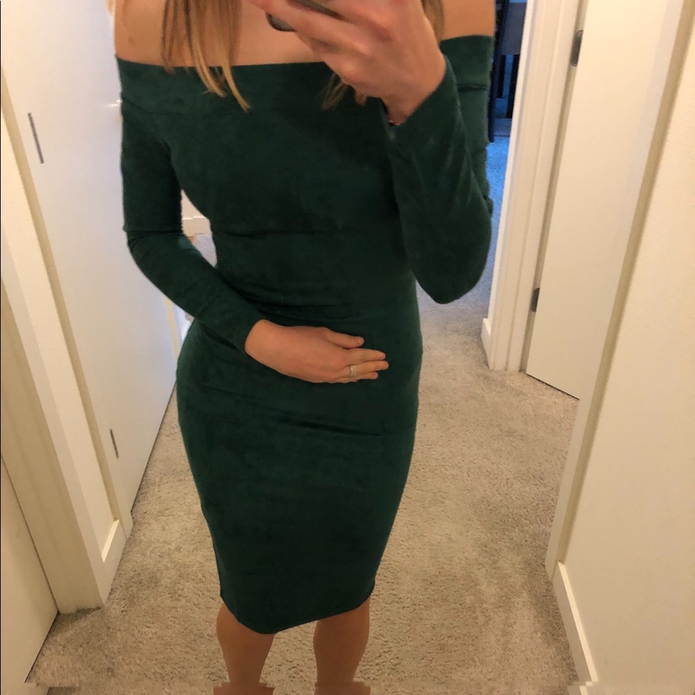 Suede Long Sleeve Off Shoulder Midi Dress in Green - Picture 6 of 7